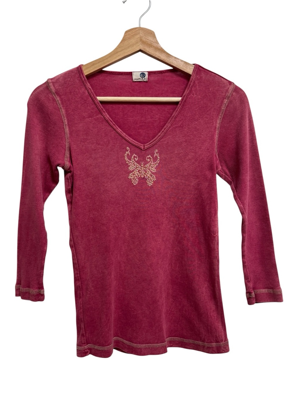 Vintage One World Y2K Studded Butterfly Baby Tee Women Small 3/4 Sleeves Blouse